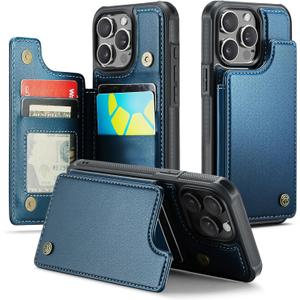 Compatible with iPhone 14 Pro Wallet Case with Card Holder RFID Blocking for Women Men, Double Magnetic Clasp Kickstand Shockproof Phone Case Fit for iPhone 14 Pro, Blue