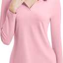 FKEEP Women's Tennis Golf Shirt Long Sleeved Top Sport Activewear V-Neck Workout Athletic (Pink, L)