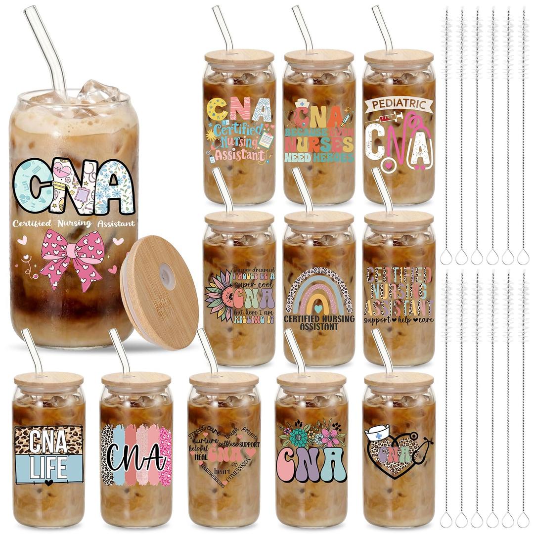 Willinglong 12 Pcs CNA Appreciation Gift 16oz Nursing Drinking Glasses with Lids and Straw Reusable Coffee Cups Medical Student Favors for Certified Nursing Assistant Graduation Students