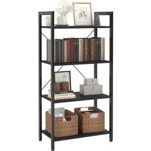 4-Tier Bookshelf, 47.2'' H Ladder Shelf, Industrial Bookcase, Wooden and Metal Storage Rack, Shelving Unit for Living Room Entryway Office, Black Book Shelves, 24 * 11.8 * 47.2 inches