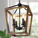 Farmhouse Chandelier Light Fixture for Kitchen Dining Room, 4-Light Rustic Pendant Hanging Ceiling Light Height Adjustable in Oak Wood Finish, Cage Lantern Lighting with E12 Base for Hallway Foyer