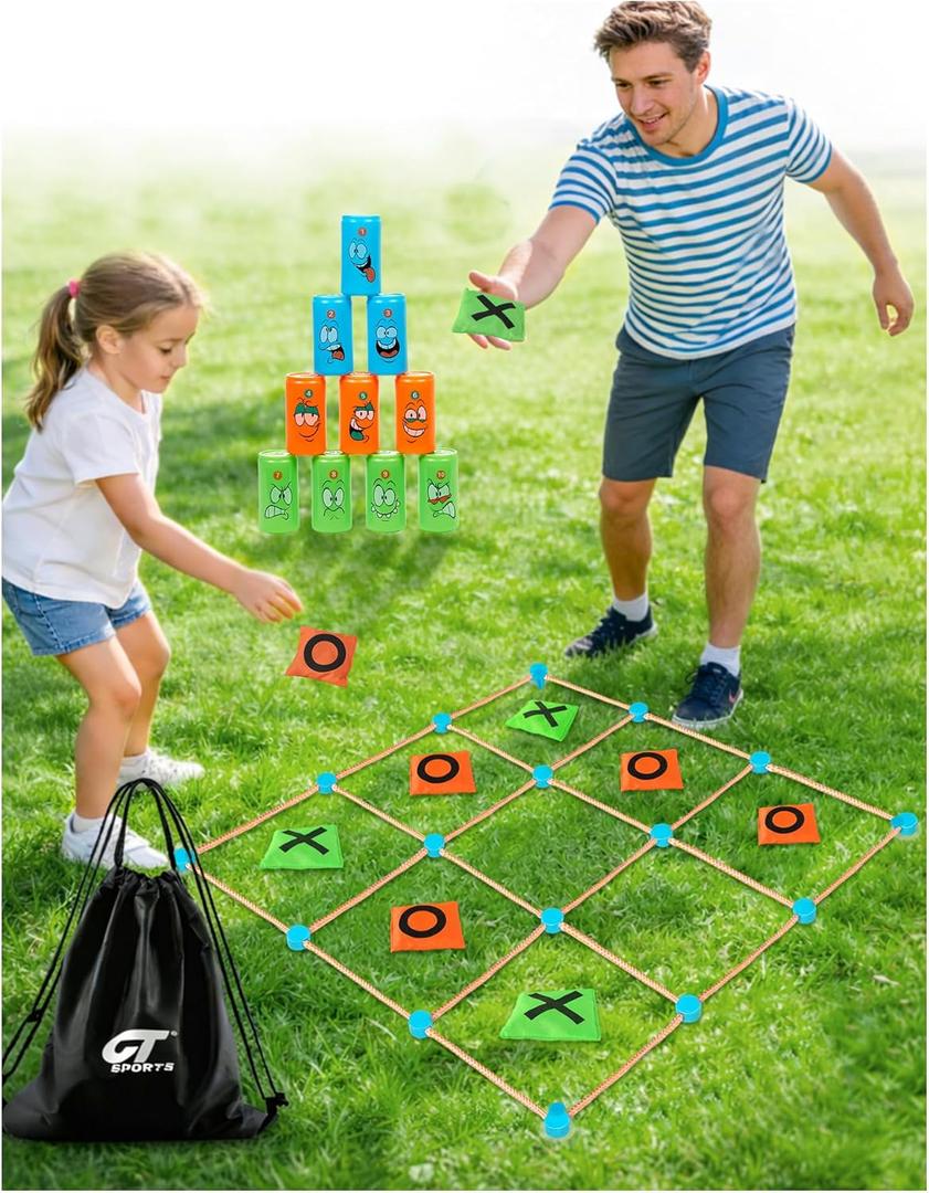 2-in-1 Giant Tic Tac Toe and Can Toss Game - Outdoor Games for Kids & Family, Backyard and Indoor Party Game Set with Bean Bags & Storage Bag