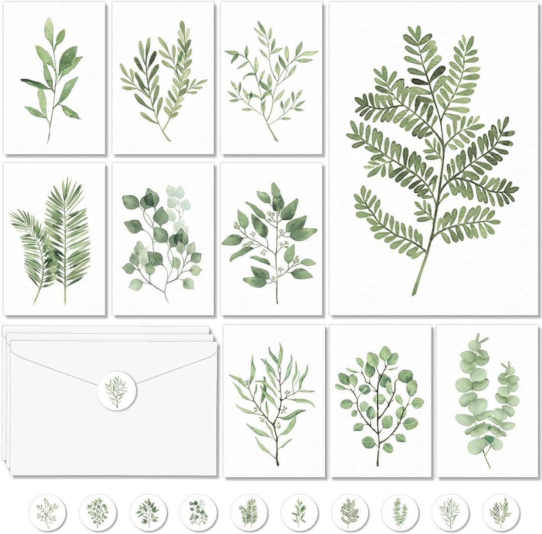 100PCS Greenery Blank Cards and Envelopes Bulk 4x6 Inch Watercolor Botanical Greeting Cards With Envelopes Stickers Green Leaves Plants Thank You Note Card For Birthday Baby Bridal Shower Wedding