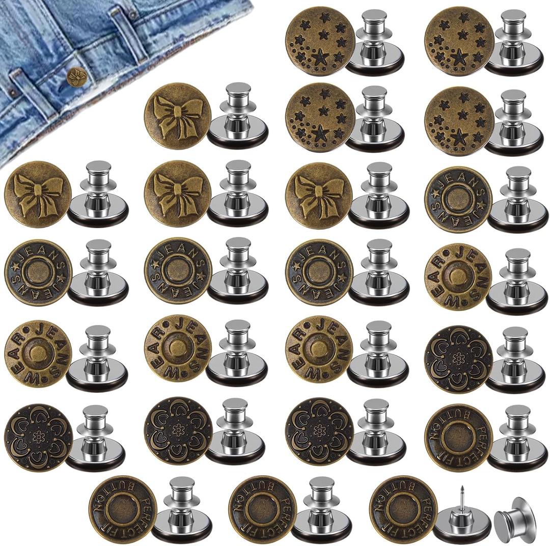 24 Sets Button Pins for Jeans, No Sew Jeans Button Replacement, Reusable and Adjustable Button for Jeans, Pant Waist Tightener for Women (6 Styles, Copper)
