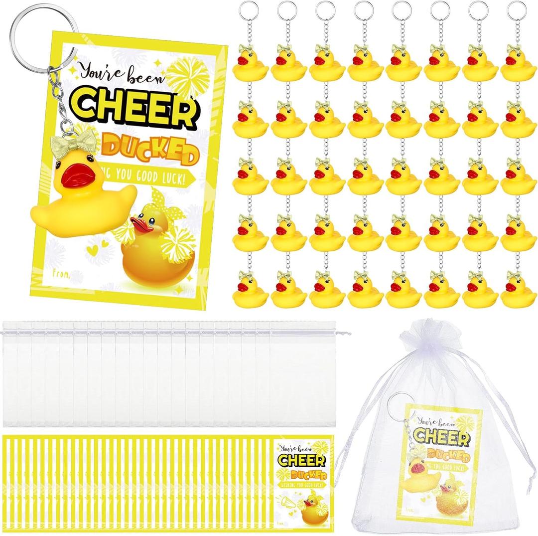Cheer Gifts Bulk Duck Keychain You've Been Cheer Ducked Tags Bow Organza Bags for Valentines Cheerleader Team Gift(Yellow,20 Set)