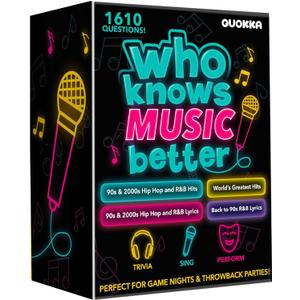 QUOKKA Who Knows Music Better? 1610 Music Trivia Questions  4 Pack Ultimate Music Game Box  Singing, Karaoke, Party Games for Adults Families, Fun Music Challenge for 90s & 2000s Fans & Game Nights