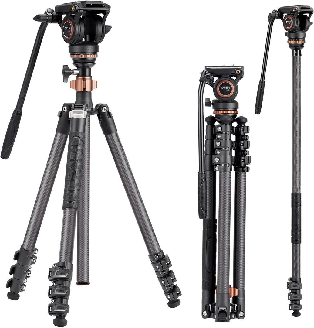 Cayer CF2451 Carbon Fiber Tripod Kit, 75 inches Video Tripod Leg with Fluid Head, 4-Section Tube Stand Convertible to Monopod for DSLR Camera, Video Camcorder, Max Load 13.2lb