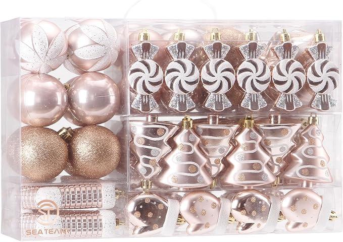 Sea Team 77-Pack Assorted Shatterproof Christmas Balls Christmas Ornaments Set Decorative Baubles Pendants with Reusable Hand-held Gift Package for Xmas Tree (Rose Gold)