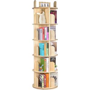 Kryonix Rotating Bookshelf, Solid Pine Wood Spinning Bookshelf Tower 5 Tier, 360 Revolving Bookcase for Kids, Multi-Functiona Corner Round Turning Book Shelf Organizer for Small Spaces