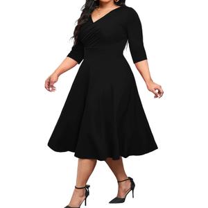 CLOCOR Women's Plus Size Midi Dress 3/4 Sleeve A-Line Swing Dress V Neck Flowy Casual Dresses (Black, L)