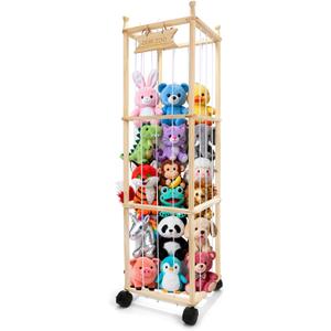 Stuffed Animal Storage Organizer, Wooden Large Stuffed Animal Holder Organizer with Wheels, Wooden Animals Zoo Toy Plushies Storage Holder for Playroom, Bedroom, Living Room