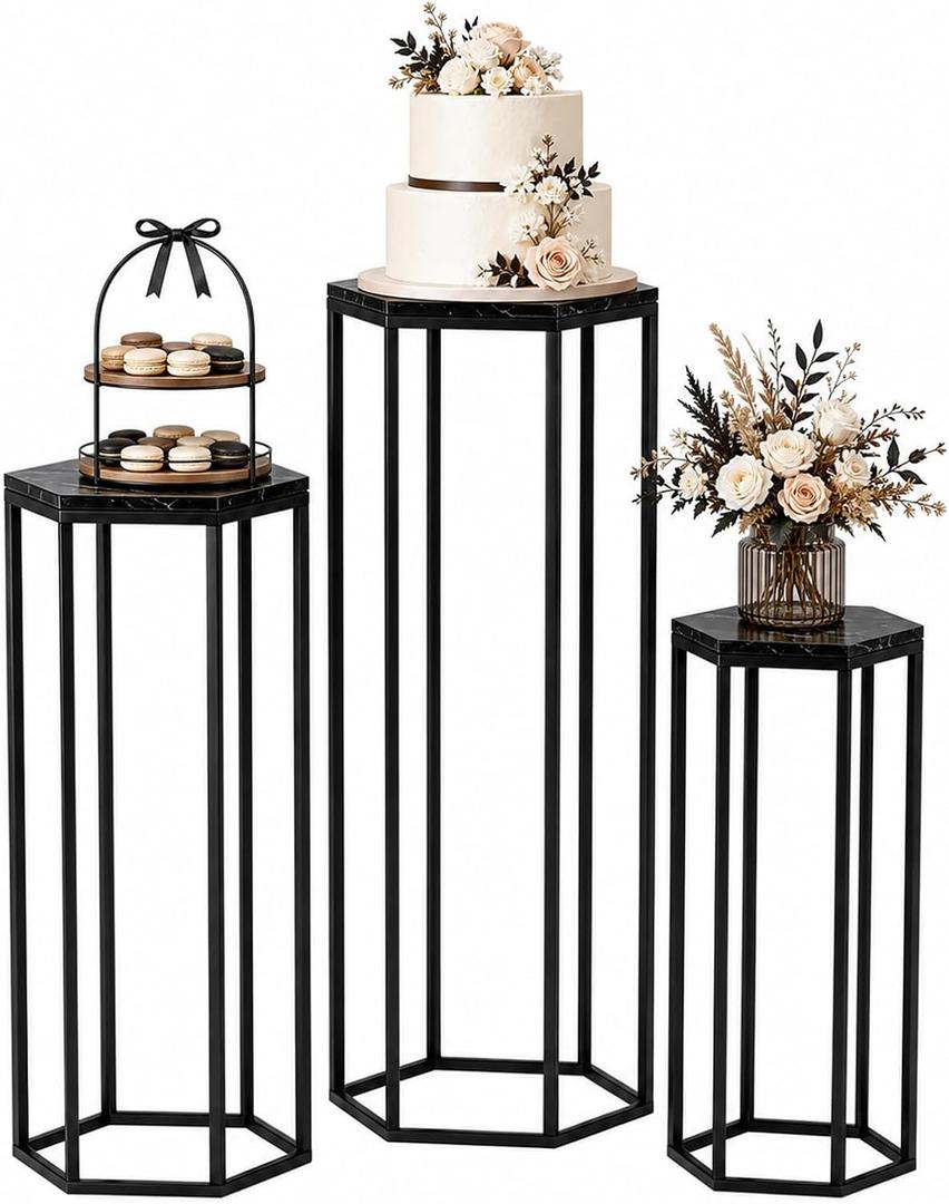 Urban Deco Set of 3 Black Hexagon Metal Cylinder Stands for Party