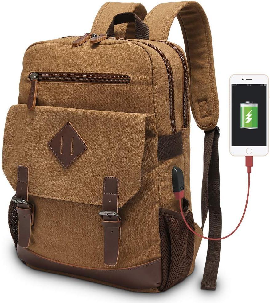 Modoker Eco-Friendly Canvas Backpack for Men Women, Vintage Rucksack Fits Most 15.6 Inch Laptop, Bookbag with USB Charging Port, Brown