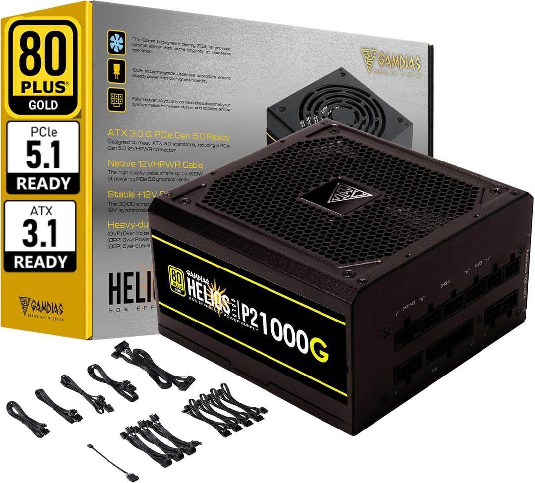 GAMDIAS PCIe 5.1 & ATX3.1 Gold 1000W Power Supply for GeForce RTX 5000 Series, 1000W Fully Modular ATX 80 Plus Gold Computer PSU for Gaming PC Desktops, Low-Noise Fan, HELIOS P2-1000G