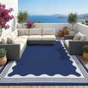 Garvee Large Outdoor Rug 10x14 Scalloped Waterproof Patio RV Outdoor Rugs Reversible Foldable Plastic Straw Rug Modern Camping Carpet for Deck Camper Porch Balcony Backyard Picnic Beach Dark Blue