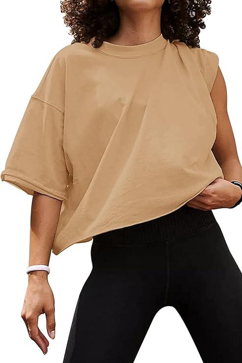 Carpetcom Oversized Workout Shirts for Women Short Sleeve Drop Shoulder Casual Crop Tops Baggy Gym Yoga Athletic Tee, S, Light Khaki