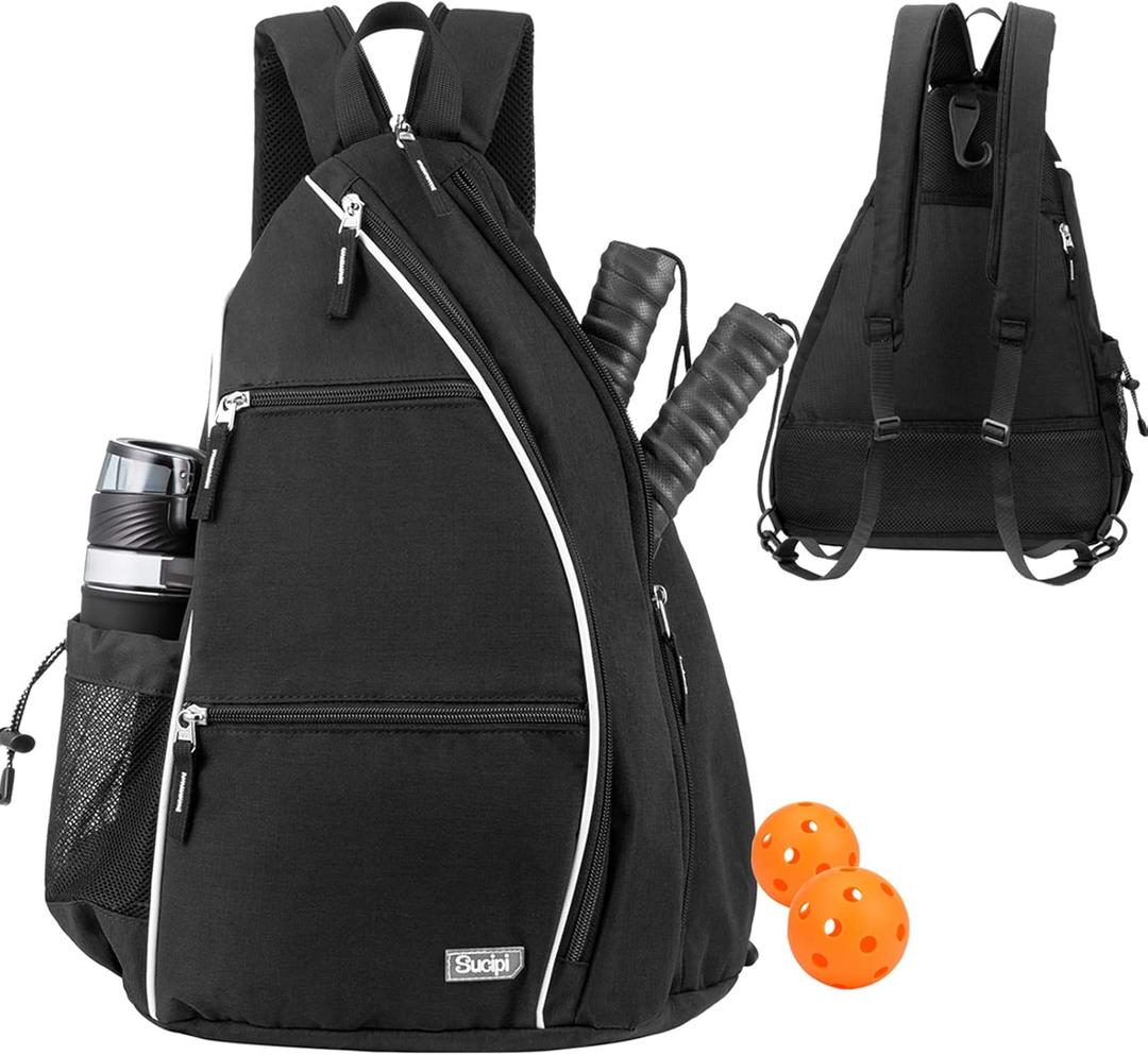 Sucipi Pickleball Bag - Men's & Women's Pickleball Backpack, Adjustable Sling Bag w/Fence Hook/Large Capacity/Safety Pocket (Deep Black)