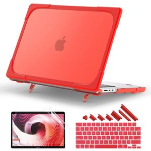 Batianda Heavy Duty Case for New MacBook Pro 16 inch 2024 M4 2023 M3 2021 M2 Pro Max Chip- Ergonomic Foldable Kickstand (Holds 22lbs/Zero Wobble) Matte Rugged Armor Cover with Spare Parts, Red