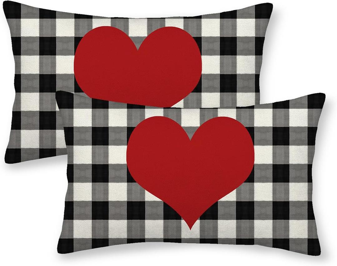 AEIOAE Valentines Pillow Covers 12x20 Inch Set of 2, Black Buffalo Plaid Love Heart Throw Pillows Case, Valentine's Day Anniversary Decorative Cushion Covers Farmhouse Outdoor Decor for Home Sofa Bed