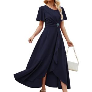 QMZ Wedding Guest Dresses for Women Have Pockets Cocktail Dress Ruffle Sleeve A Line Evening Party Formal Dresses for Women-Navy Blue-3XL