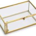 Hipiwe Vintage Glass Keepsake Box, Rectangle Jewelry Display Organize Vanity Lidded Box Home Decor Accent Decorative Box for Storage Trinket Rings Bracelet (Small, Gold)