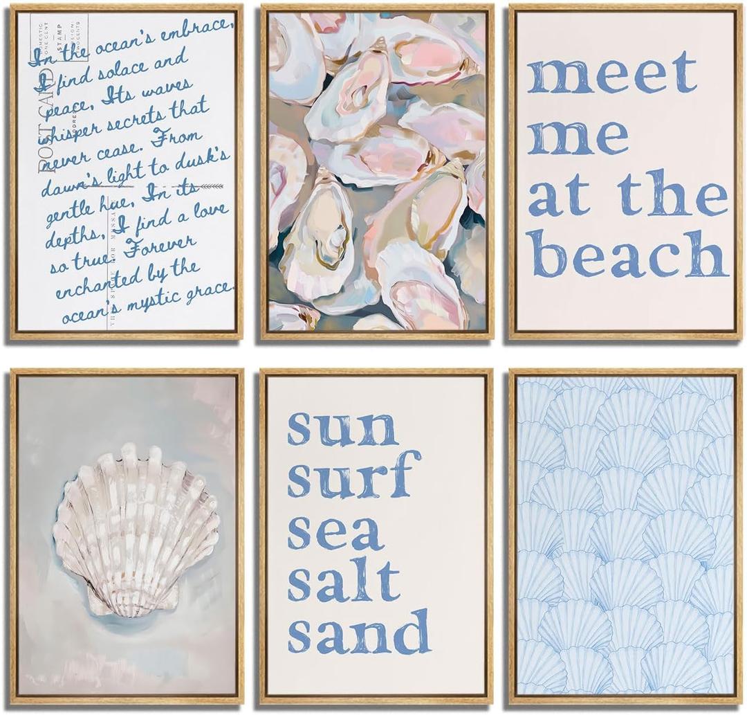 6Pcs Blue Beach Preppy Wall Art Coastal Granddaughter Painting Picture Wall Decor Seashell Meet Me At The Beach Aesthetic Poster Print Artwork for Girly Room Dorm Apartment Home Decoration (8x10in)