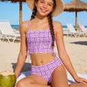 Girls Swimsuits Gingham Cut Out Drawstring Retro Bathing Suits 2 Piece Tankini Swimwear 9-16Y