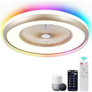 24" Bladeless Ceiling Fan with RGB Light Remote, Smart LED Ceiling Fans with Voice/App Control, Modern Low Profile Dimmable Light Ceiling Fan for Bedroom Living Room