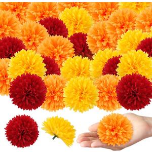 Marigold Flower Heads Bulk 40 Pcs, Faux Mexican Artificial Flowers for Day of the Dead Decorations - DIY Wreath Craft Indian Wedding Diwali Home Dia De Los Muertos Decor Halloween(Orange-Yellow-Red)