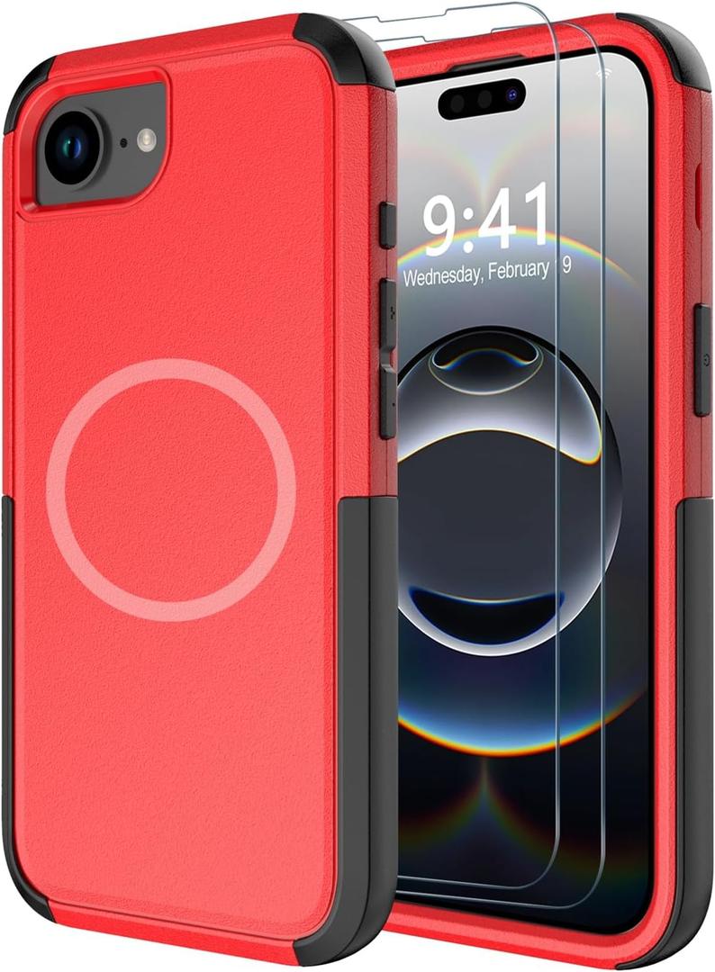 Diverbox for iPhone 16e Case [Compatible with MagSafe] [Shockproof] [Dropproof] [with Screen Protector ] Heavy Duty Protection Phone Case Cover for Apple iPhone 16e 2025 6.1 inch (Red)