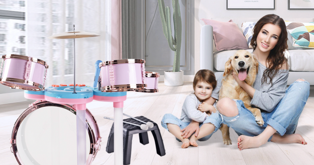 Soft Microphone Compatible with MP3 Music Player - Children's Educational Instrument Toy Set Rock Jazz Drum Set Percussion Instrument Music Enlightenment Education Toy (Pink)