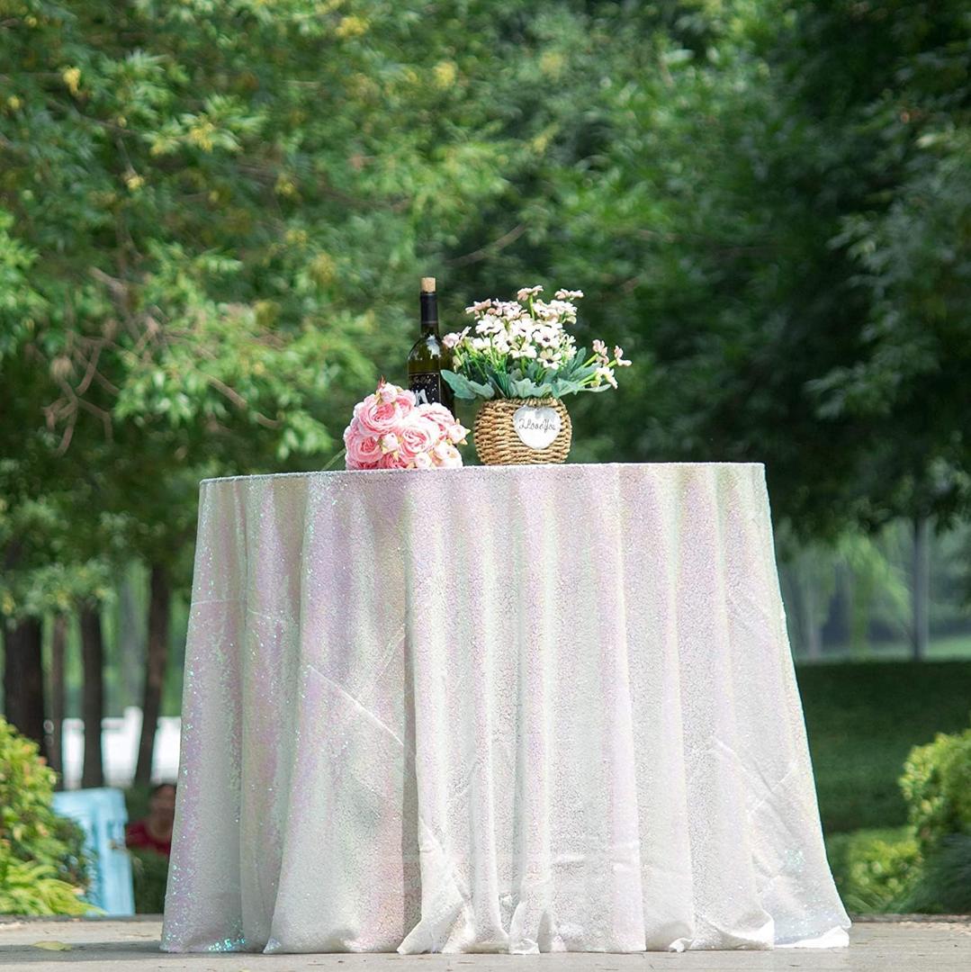 72 Inch Round White Iridescent Sequin Tablecloth, Metallic Glitter Sparkle Table Cover for Cake Table or Overlay, Holographic Sequin Table Cloths for Wedding Birthday Party Decorations