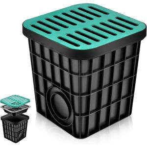 Large Drainage Catch Basin with Debris Basket, Durable 16x16x16 in French Drain Basin with Fiberglass Grate, No Reserved Hole for Yard, Patios, Downspouts, Lawns