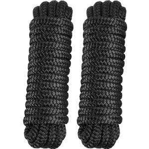 2 Pack 3/8" x 20' Dock Lines - Marine Grade Nylon Boat Rope with 12" Loop for Docking and Mooring - Double Braided Boat Lines, High Strength, Easy Handling, Fray Resistant - Black