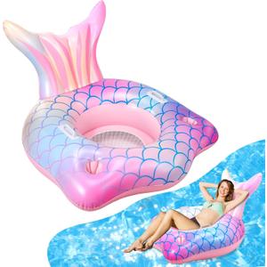 Mermaid Inflatable Pool Float Chair with 2 Cup Holders, Armrests, Pink Swimming Pool Party Lounge Raft Decorations Toys for Kids Adults, Swimming Pool Lounger Pool Floaties for Summer Beach Party