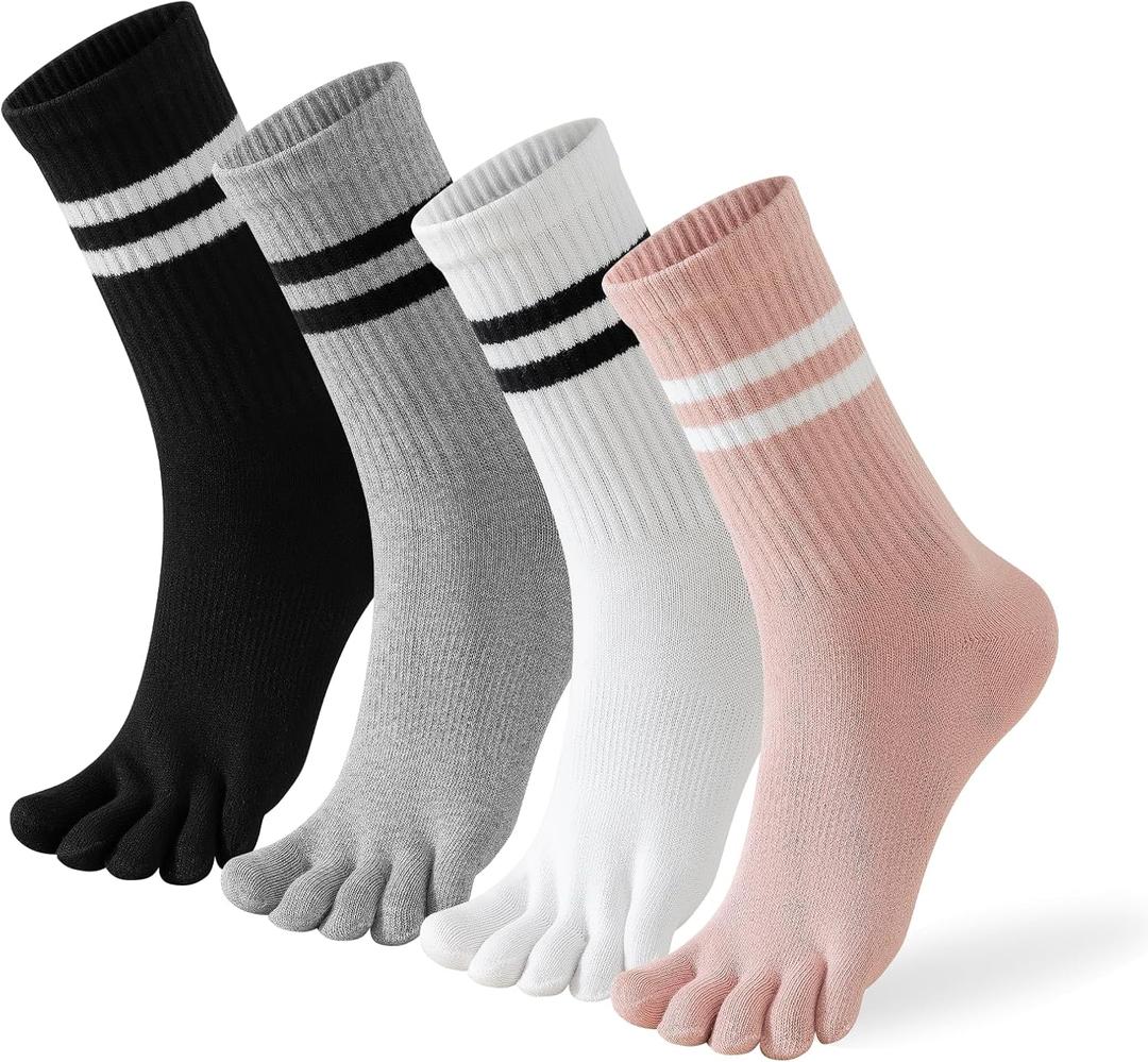 Toe Socks Women Five Fingers Crew Socks for Running Athletic Hiking Comfort Toe Separator Barefoot Sock 4 Pairs (6-10)