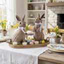 Rattan Effect Resin Easter Bunny Figurines Decor 2 PCS Wicker Looking Rabbit Decorations with Bow for Spring Table Centerpieces Indoor Farmhouse Home Decor(Small Rattan)