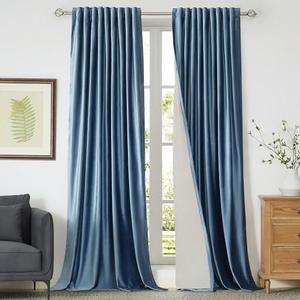 PRIMROSE 100% Full Blackout Velvet Curtains 90 inch Long for Living Room,Set of 2 Stone Grayish Blue Liner Rod Pocket Back Tab Thermal Window Curtains Room Darkening Curtains Drapes for Bedroom
