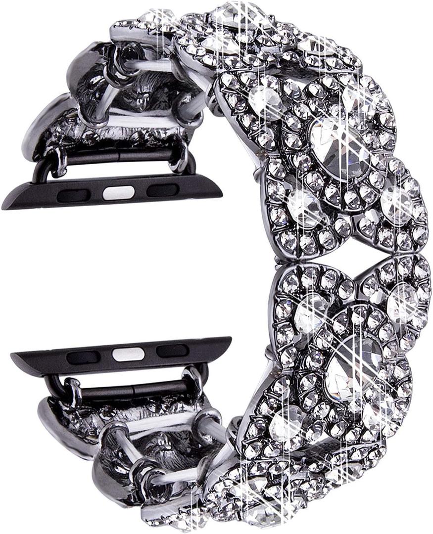 VIQIV Bling Bands for Compatible with Apple Watch 38/40/42/44/41/45/46/49mm Ultra Iwatch Series 11 10 9 8 7 6 5 4 3 SE SE2, Diamond Rhinestone Stainless Steel Metal Bracelet Wristband Strap for Women (Black)