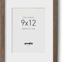 Yaetm 9x12 Picture Frame with Mat for 6x8 - Brown Walnut, Rustic Solid Wood Photo Frame 9 x 12 with Tempered Glass for Art Print & Picture, Horizontal and Vertical Wall Mount (Single, Walnut)