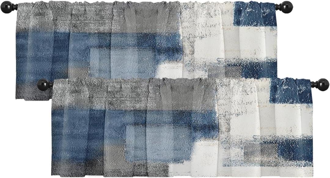 Emvency 2 Pack Valances Window Treatments, Blue and Grey Abstract Modern Art Blackout Drapes Adjustable Curtain for Windows Living Room Kitchen Over Sink, 52x18 Inch Rod Pocket Valances