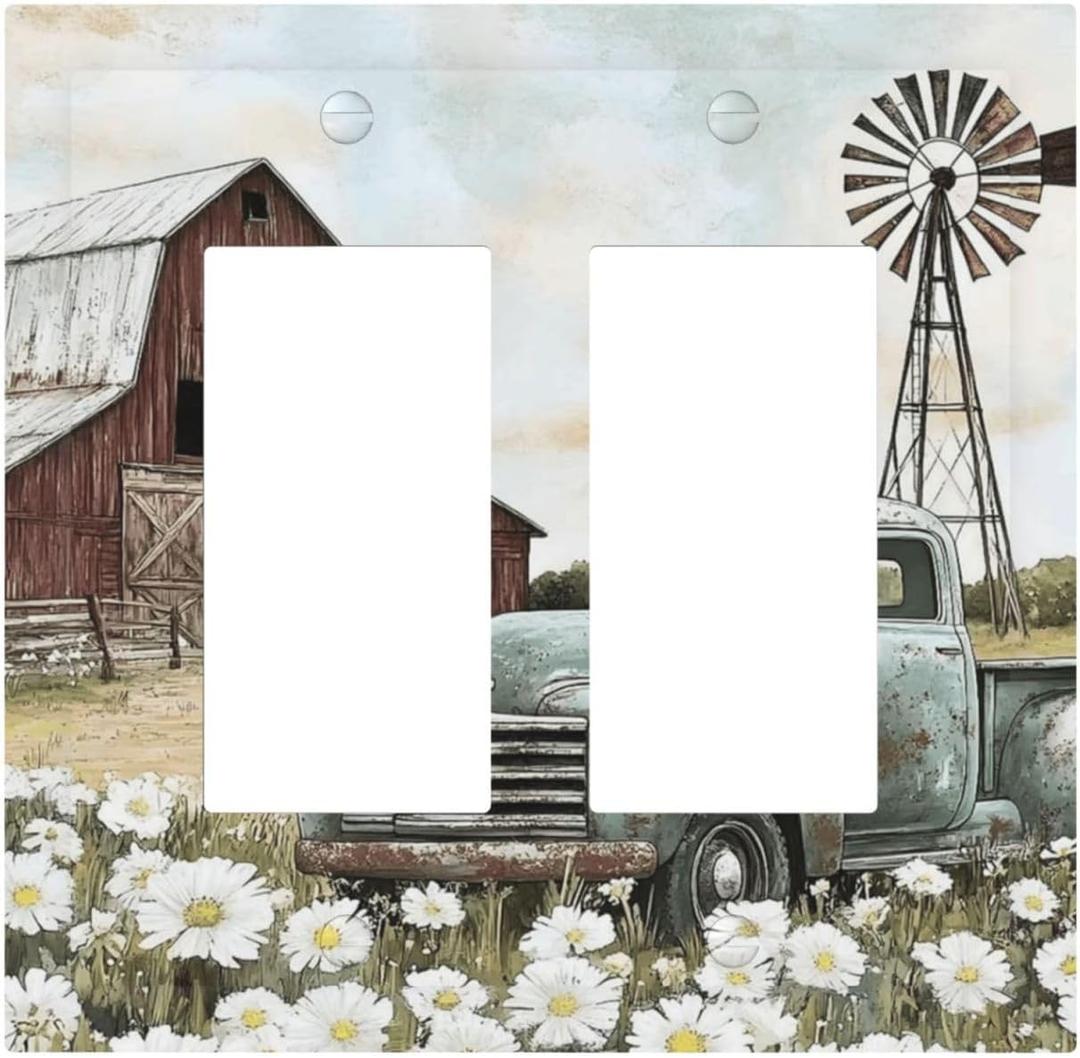 Retro Trucks Old Barn Windmill Teal Car Rustic Decorative Outlet Covers 2 Gang Double GFCI Rocker Electrical Wall Panels Light Switch Cover Plate for Farmhouse Home Decor