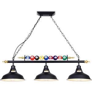 3-Light Billiard Pool Table Lights Hanging Over Pool Table, Black Matte Metal Shades with Billiard Ball Decor, for Billiards Room, Snooker Table, Kitchen Island