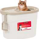 IRIS USA Cat Litter Box Large Top Entry with Lid Enclosed Covered Hooded Design Litter Catching Scatter Shield Pan Dog Proof Pet Proof Scoop Included Odor Control for Indoor Cats Kittens White/Beige
