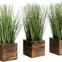 MyGift Artificial Green Grass Plants Trio in Rustic Burnt Solid Wood Planter Boxes, Faux Greenery in Decorative 4 Inch Square Wooden Containers, Set of 3