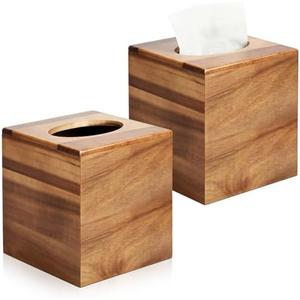 2 Pack Wooden Tissue Box Cover Bulk Square - Acacia Wood Tissue Box Holder for Tabletop Stands Bathroom Office- Decorative Facial Wood Tissue Box Cover for Modern Farmhouse Decor