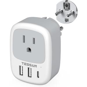 Type E F Plug Adapter USB C, TESSAN Germany France Power Adaptor, Schuko Outlet with 3 USB Ports, Travel Plug for US to Europe EU Spain Iceland Korea Greece Russia German French