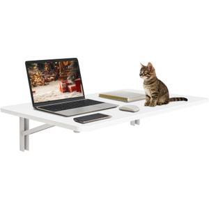 White Wall Mounted Folding Table 23.6"x15.7" Fold Down Wooden Wall Desk for Small Spaces, Floating Laundry Folding Table for Kitchen or Office