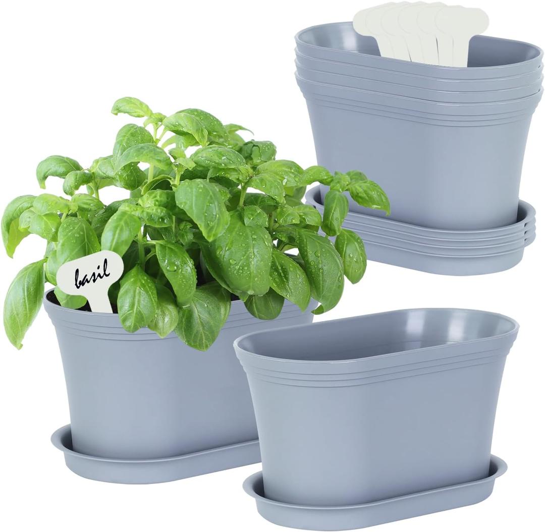 Oliz Windowsill Herb Garden Planter with Tray, Set of 6 Grey Oval Farmhouse Garden Pots for Indoor/Outdoor Plants (No Seeds) (Gray)