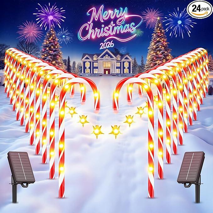 WdtPro 24Pack Upgraded Solar Christmas Candy Cane Lights, Solar Pathway Lights Waterproof, Christmas Decorations Outdoor with 10 Modes and Bright 144 LED for Yard Garden Lawn Patio Party Decor